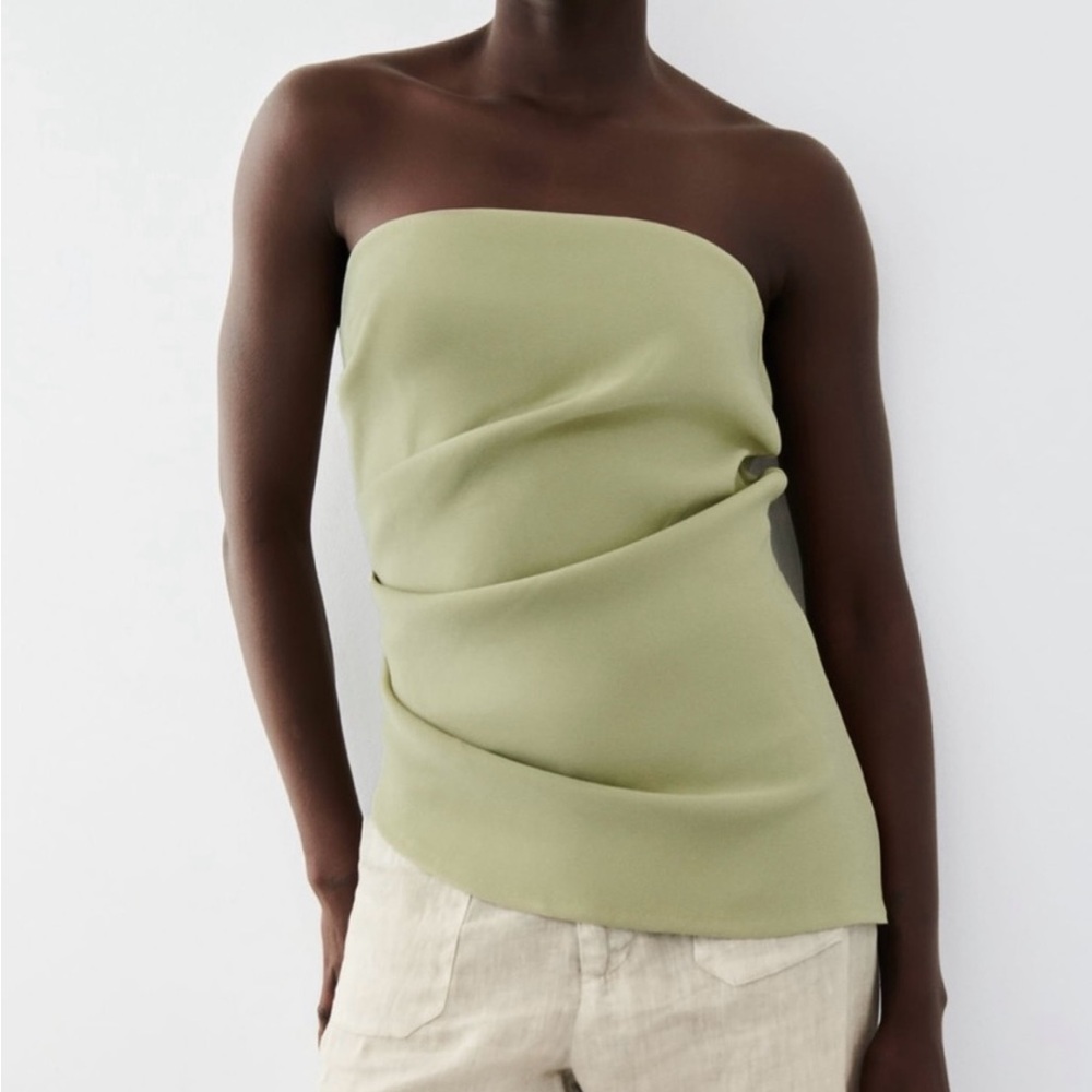 Zara Sage Green Ruched Strapless Top